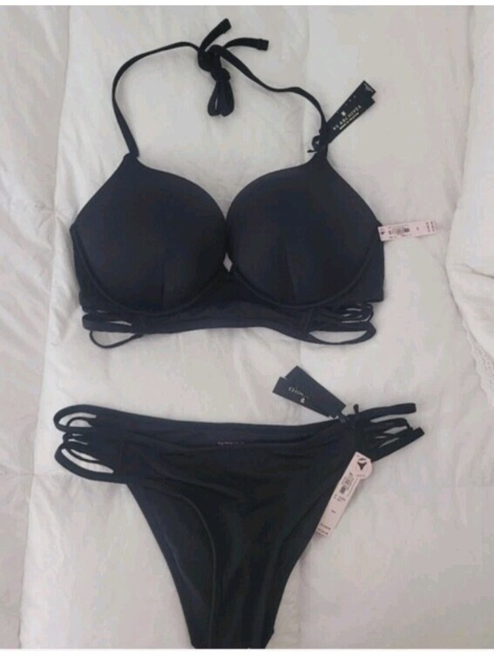 Victoria's Secret Black Strappy Padded Underwire Push Up Bikini Set 36D/M - New